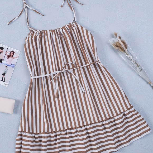 Brown Stripe Tie Straps Dress - Picture 5 of 10